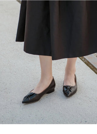 Launched Cowhide Ribbon Stiletto Flat Shoes 2cm