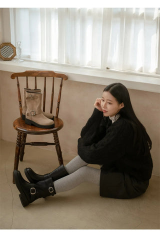 Biker Buckle Suede Mid-calf Boots 4cm