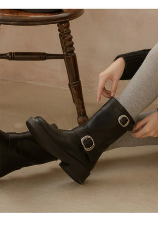 Biker Buckle Suede Mid-calf Boots 4cm