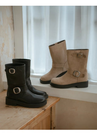 Biker Buckle Suede Mid-calf Boots 4cm