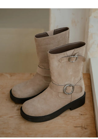 Biker Buckle Suede Mid-calf Boots 4cm