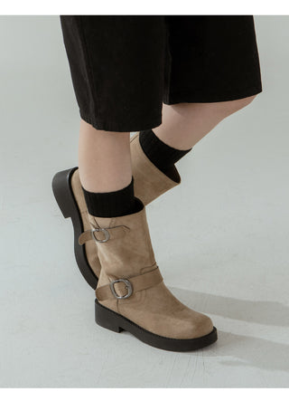 Biker Buckle Suede Mid-calf Boots 4cm