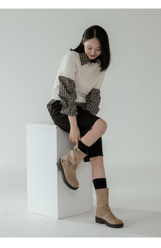 Biker Buckle Suede Mid-calf Boots 4cm