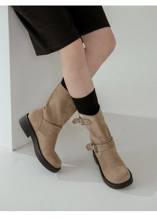 Biker Buckle Suede Mid-calf Boots 4cm