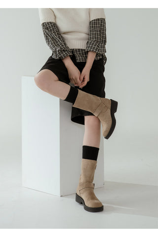 Biker Buckle Suede Mid-calf Boots 4cm
