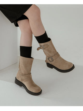 Biker Buckle Suede Mid-calf Boots 4cm