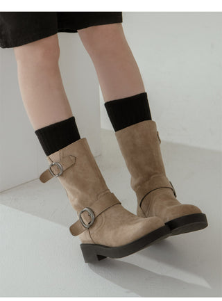 Biker Buckle Suede Mid-calf Boots 4cm