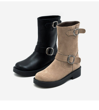 Biker Buckle Suede Mid-calf Boots 4cm