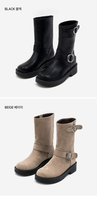 Biker Buckle Suede Mid-calf Boots 4cm