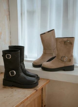 Biker Buckle Suede Mid-calf Boots 4cm