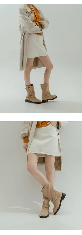 Roem's Suede Belt Flat Boots 4cm