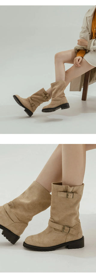 Roem's Suede Belt Flat Boots 4cm