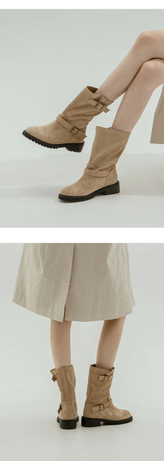 Roem's Suede Belt Flat Boots 4cm