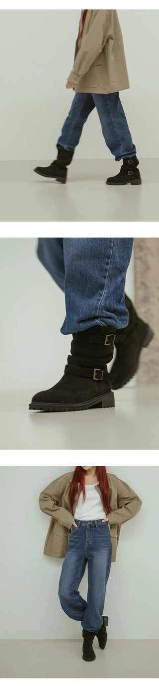 Roem's Suede Belt Flat Boots 4cm
