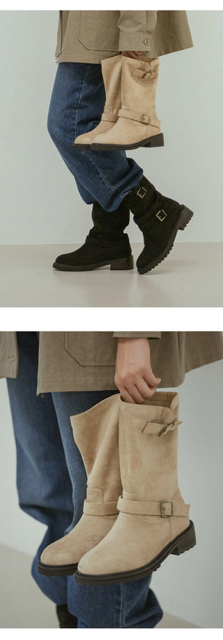 Roem's Suede Belt Flat Boots 4cm