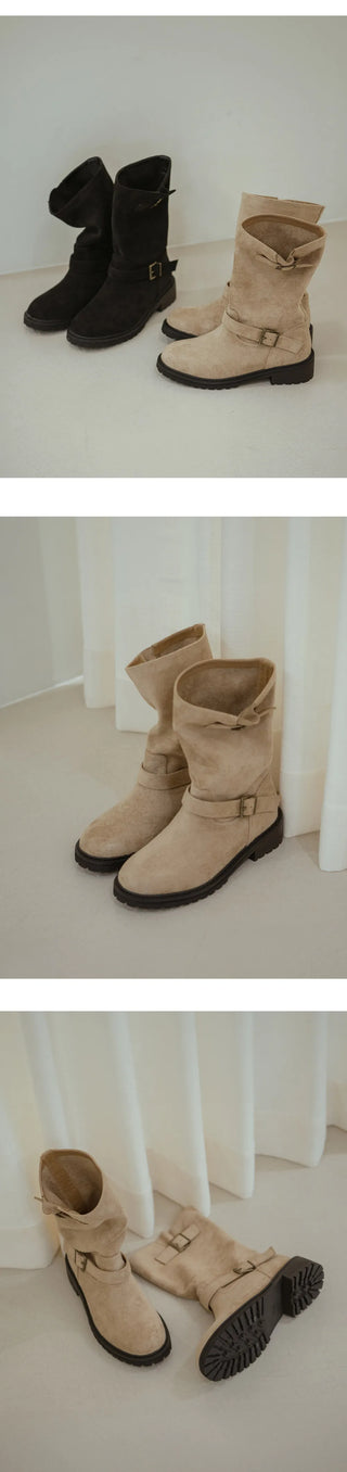 Roem's Suede Belt Flat Boots 4cm