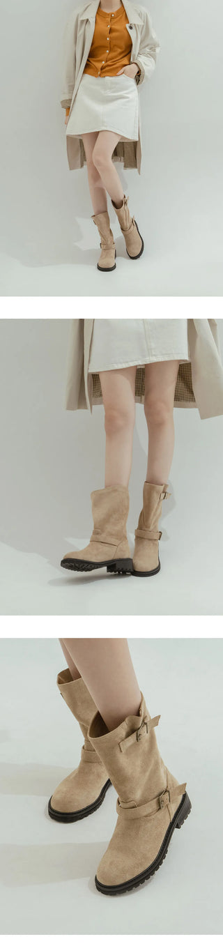 Roem's Suede Belt Flat Boots 4cm