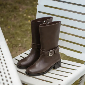 Luenta Belt Flats Mid-calf Boots 4cm