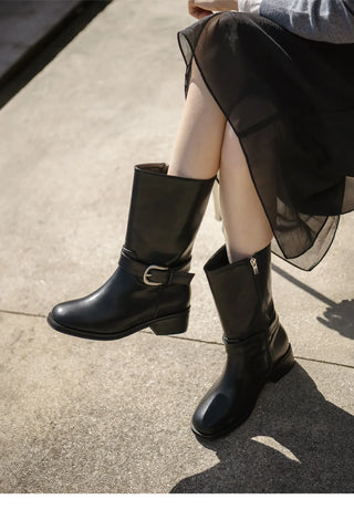Luenta Belt Flats Mid-calf Boots 4cm