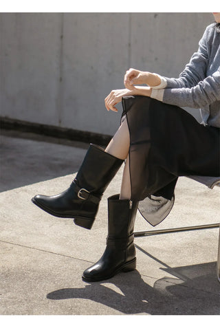 Luenta Belt Flats Mid-calf Boots 4cm