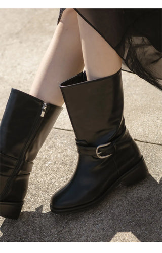 Luenta Belt Flats Mid-calf Boots 4cm