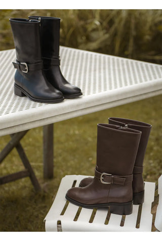 Luenta Belt Flats Mid-calf Boots 4cm