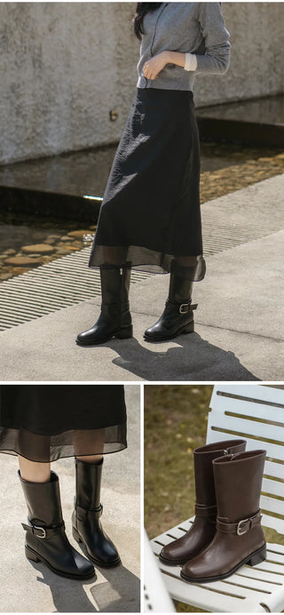 Luenta Belt Flats Mid-calf Boots 4cm