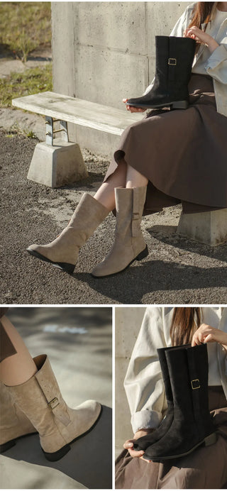 Ponte Suede Flat Boots 3cm