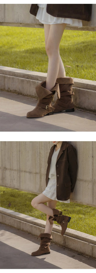Linzer Belt Suede Flats Mid-calf Boots 3cm