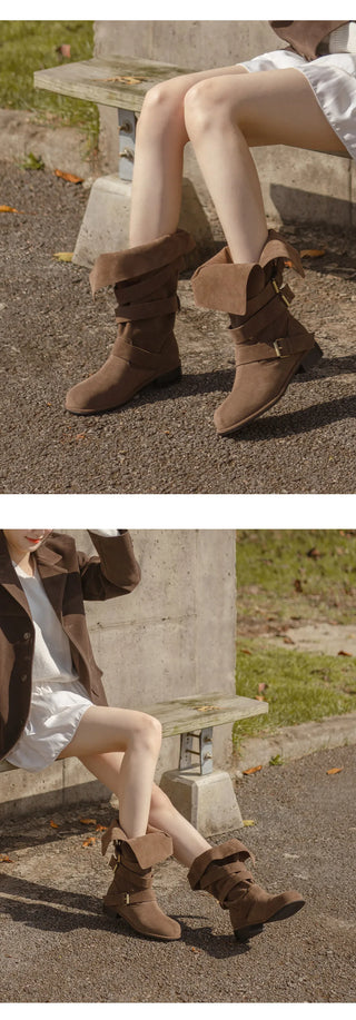 Linzer Belt Suede Flats Mid-calf Boots 3cm