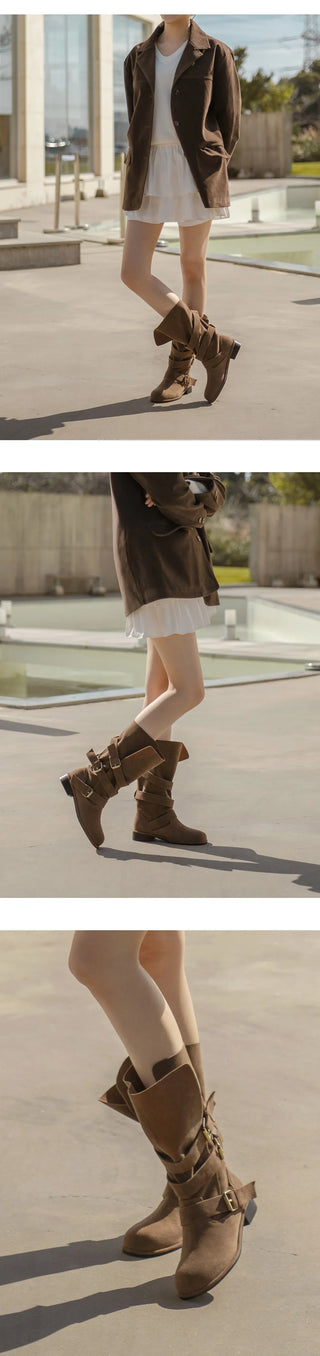 Linzer Belt Suede Flats Mid-calf Boots 3cm
