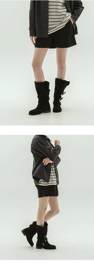 Linzer Belt Suede Flats Mid-calf Boots 3cm