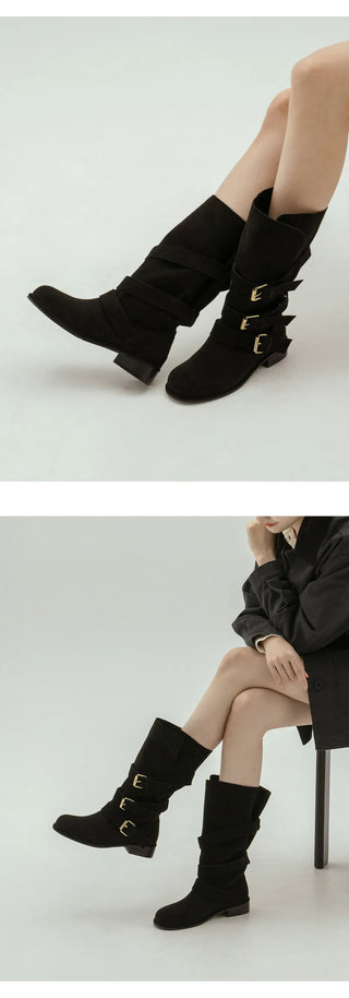 Linzer Belt Suede Flats Mid-calf Boots 3cm