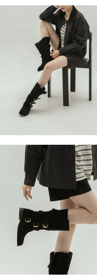 Linzer Belt Suede Flats Mid-calf Boots 3cm