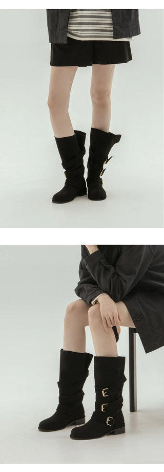 Linzer Belt Suede Flats Mid-calf Boots 3cm