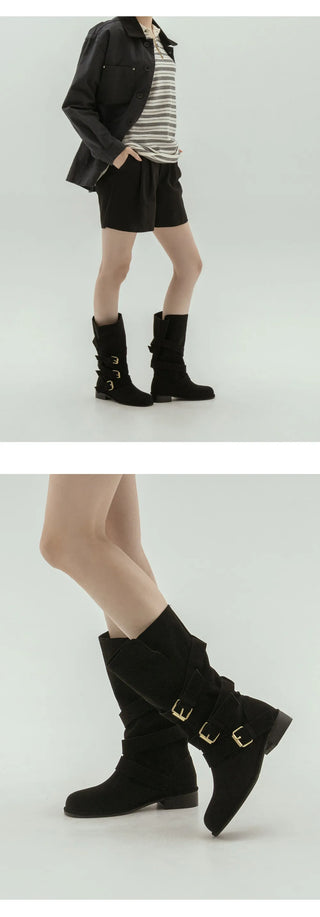 Linzer Belt Suede Flats Mid-calf Boots 3cm