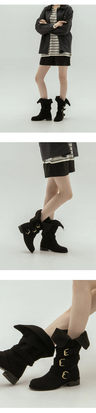 Linzer Belt Suede Flats Mid-calf Boots 3cm