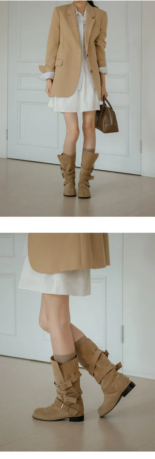 Linzer Belt Suede Flats Mid-calf Boots 3cm