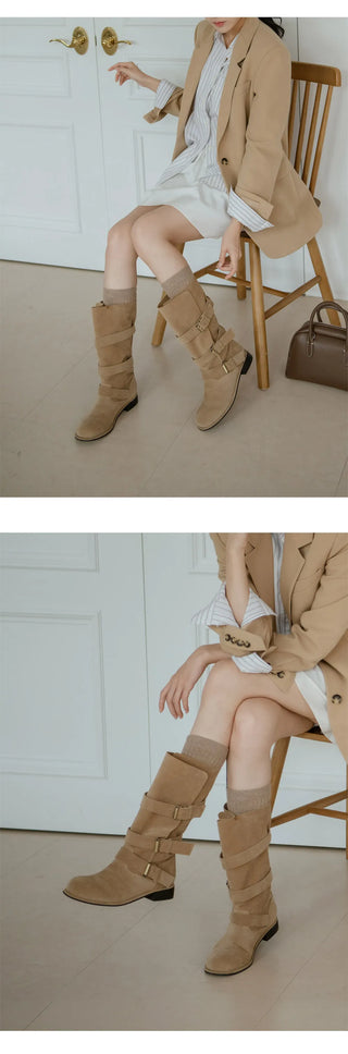 Linzer Belt Suede Flats Mid-calf Boots 3cm
