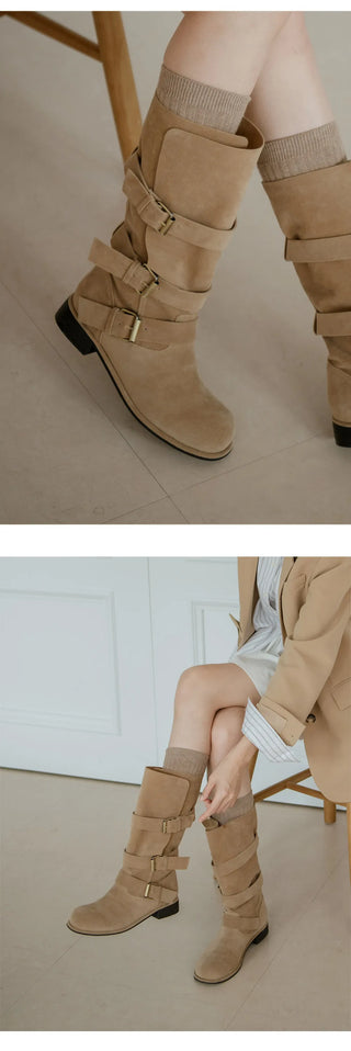 Linzer Belt Suede Flats Mid-calf Boots 3cm