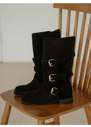 Linzer Belt Suede Flats Mid-calf Boots 3cm