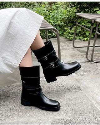 Hobene Two-Belt Track Sole Rider Boots 4cm