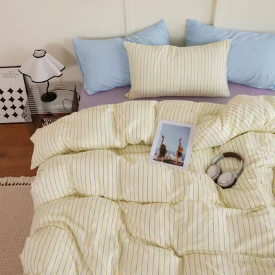 Pastel Yellow and Lilac Striped Bedding Set
