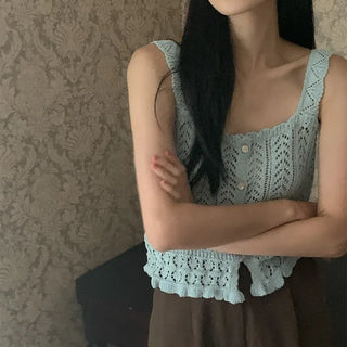 Openwork perforated ruffled sleeveless bustier