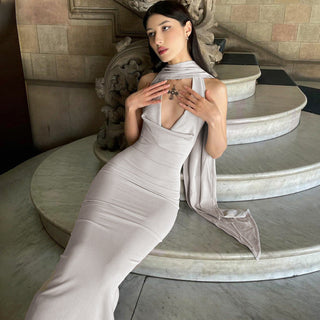 Irregular Slim V neck Long Dress