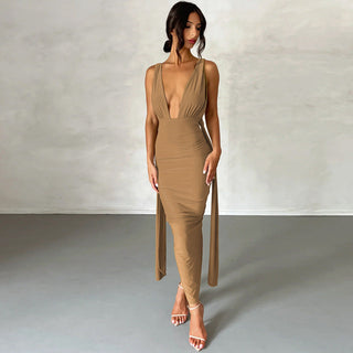 Deep V folds split jumpsuit dress