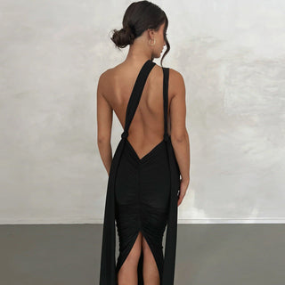Deep V folds split jumpsuit dress