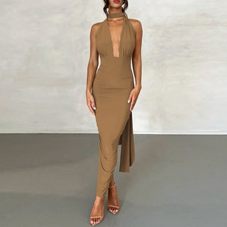 Deep V folds split jumpsuit dress
