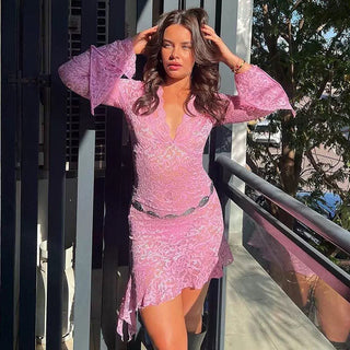 lace hollow low neck Long sleeved + hip skirt