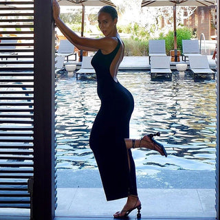 sexy backless round neck sleeveless split dress